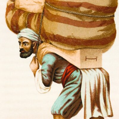 a drawing of a man carrying a large sack